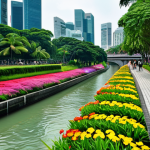 **

"Scenic view of the Singapore River, with a fully clothed woman in modest attire strolling along the paved walkway. Lush greenery and colorful flower gardens line the path. Modern architecture and historical buildings blend in the background. Safe for work, appropriate content, perfect anatomy, natural proportions, professional photography, high quality, family-friendly, daytime setting."

**