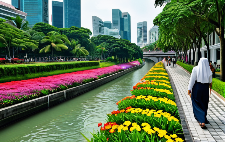 **

"Scenic view of the Singapore River, with a fully clothed woman in modest attire strolling along the paved walkway. Lush greenery and colorful flower gardens line the path. Modern architecture and historical buildings blend in the background. Safe for work, appropriate content, perfect anatomy, natural proportions, professional photography, high quality, family-friendly, daytime setting."

**