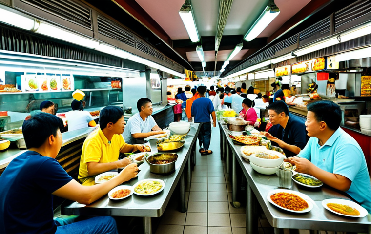 **

A vibrant scene in a bustling Singaporean hawker center, fully clothed people of diverse ethnicities enjoying a variety of local dishes, safe for work, appropriate content, professional photography, well-lit, high resolution, natural proportions, modest clothing, family-friendly.

**