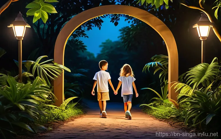 싱가포르 나이트 사파리 후기 - Prompt 1: Mysterious Night Safari Entrance with Family**