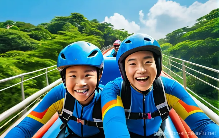 센토사 섬 액티비티 - A dynamic, high-energy scene at Sentosa's Mega Adventure Park. In the foreground, a young adult (15+...