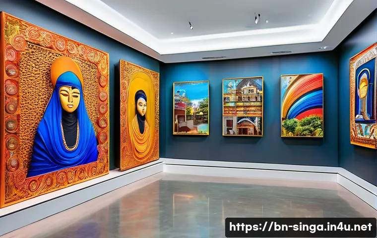 싱가포르의 유명 미술관 - A vibrant modern art gallery interior in Singapore’s city center, featuring colorful digital art ins...