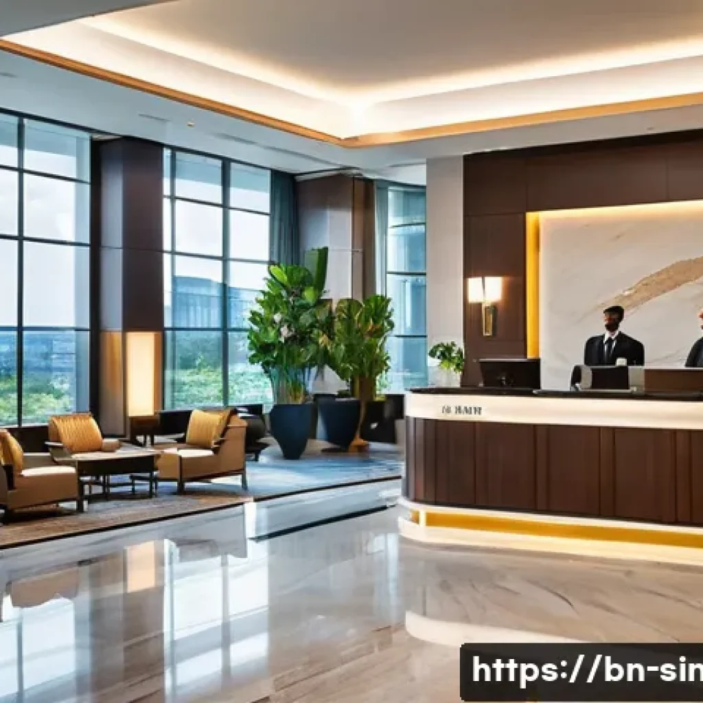 럭셔리 호텔과 게스트하우스 - A modern luxury hotel lobby scene featuring a spacious, sleek design with marble floors and ambient ...