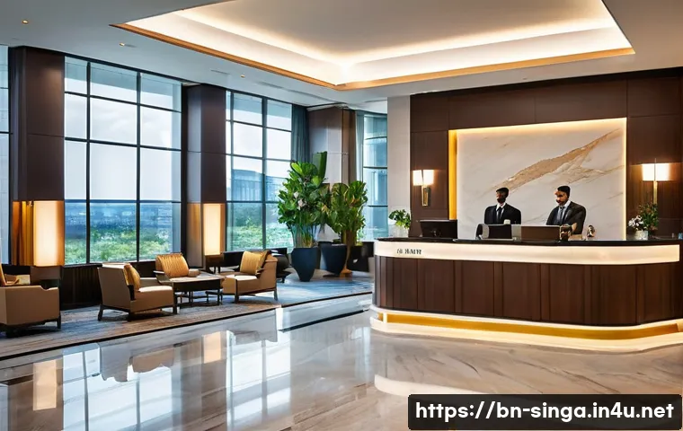 럭셔리 호텔과 게스트하우스 - A modern luxury hotel lobby scene featuring a spacious, sleek design with marble floors and ambient ...