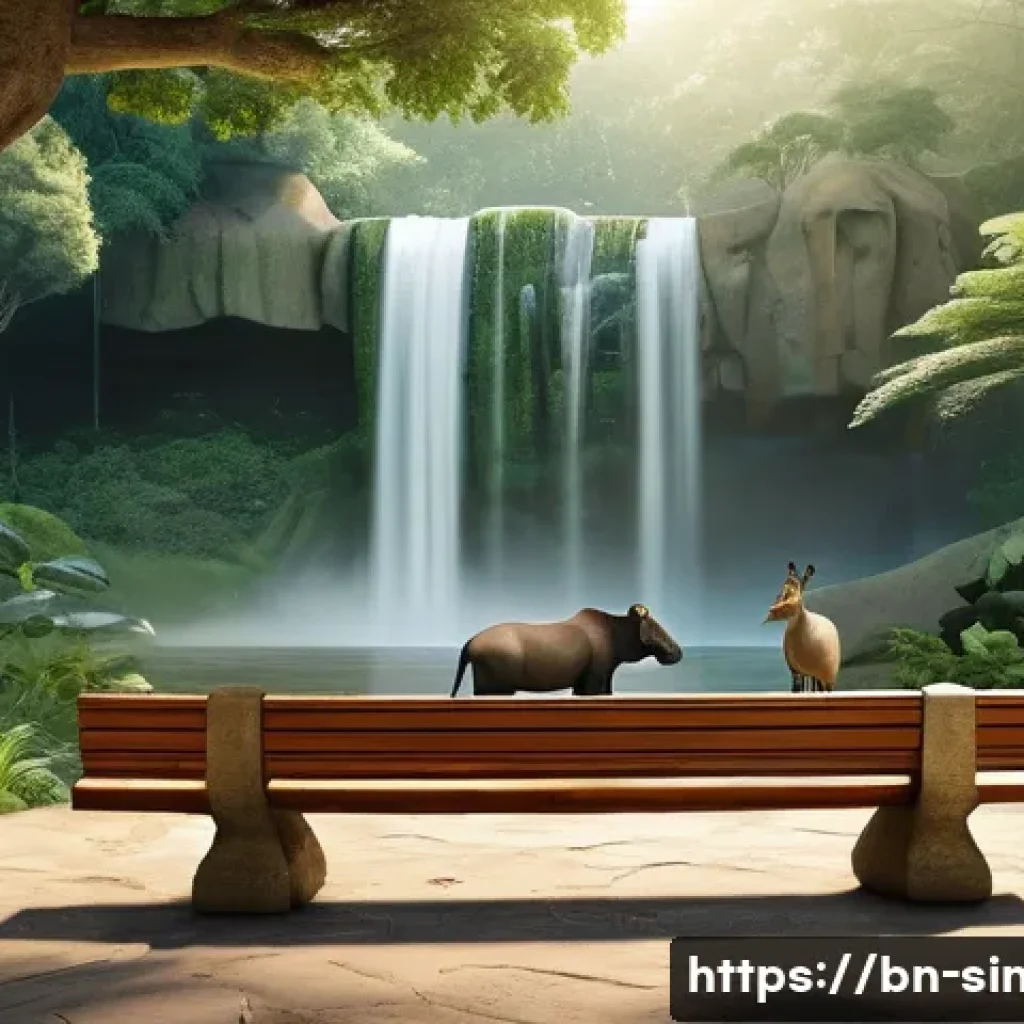싱가포르 국립 동물원 - A serene natural forest scene at dawn featuring a diverse group of wild animals including a rare Mal...