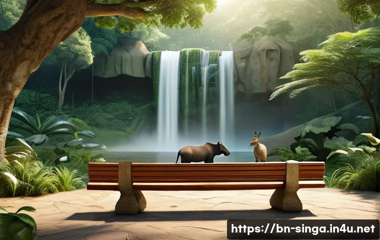 싱가포르 국립 동물원 - A serene natural forest scene at dawn featuring a diverse group of wild animals including a rare Mal...