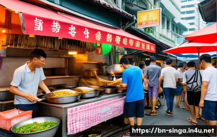 싱가포르 맛집 추천 - A vibrant street food scene in Singapore featuring a bustling Hakka noodles stall with a variety of ...