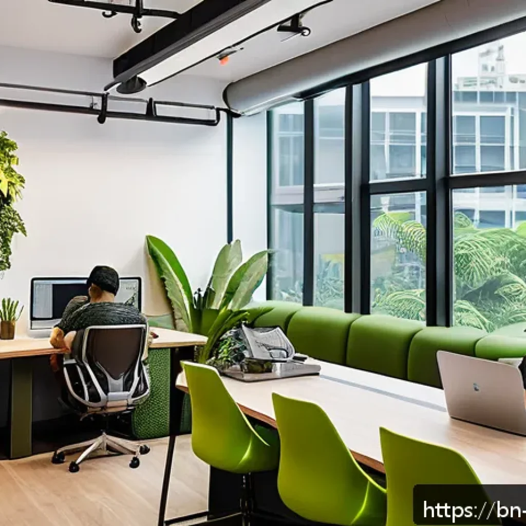싱가포르 디지털 노마드 - A modern co-working space in Singapore bustling with diverse digital nomads working on laptops, feat...