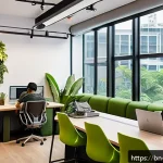 싱가포르 디지털 노마드 - A modern co-working space in Singapore bustling with diverse digital nomads working on laptops, feat...
