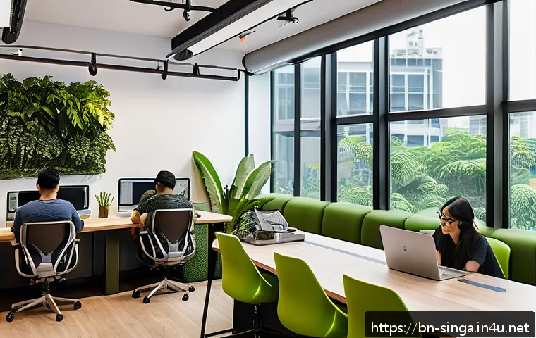 싱가포르 디지털 노마드 - A modern co-working space in Singapore bustling with diverse digital nomads working on laptops, feat...