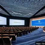 싱가포르에서 국제회의 개최 - A modern international convention center in Singapore, featuring sleek architectural design with spa...