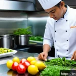 싱가포르 유명 셰프 소개 - A vibrant modern Singaporean kitchen scene showing a skilled chef preparing a fusion dish that blend...