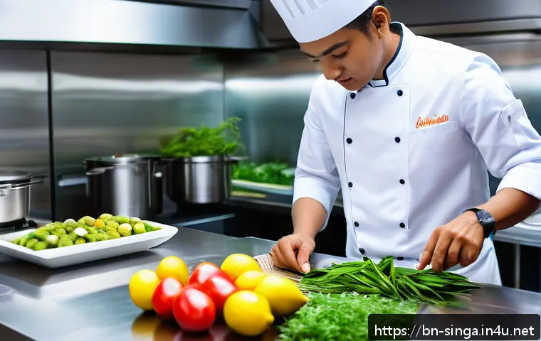 싱가포르 유명 셰프 소개 - A vibrant modern Singaporean kitchen scene showing a skilled chef preparing a fusion dish that blend...
