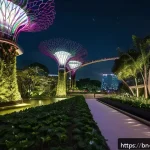 싱가포르 공원 시스템 - A vibrant scene of Singapore&rsquo;s Gardens by the Bay at night showcasing advanced smart lighting system...