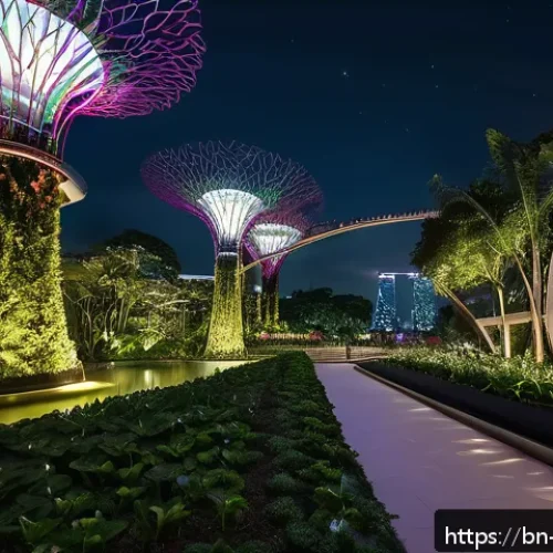 싱가포르 공원 시스템 - A vibrant scene of Singapore&rsquo;s Gardens by the Bay at night showcasing advanced smart lighting system...