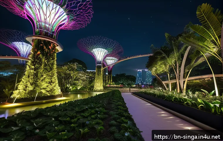 싱가포르 공원 시스템 - A vibrant scene of Singapore&rsquo;s Gardens by the Bay at night showcasing advanced smart lighting system...