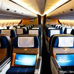 싱가포르 항공권 할인 정보 - A modern and luxurious Singapore Airlines airplane cabin interior, showcasing spacious economy class...