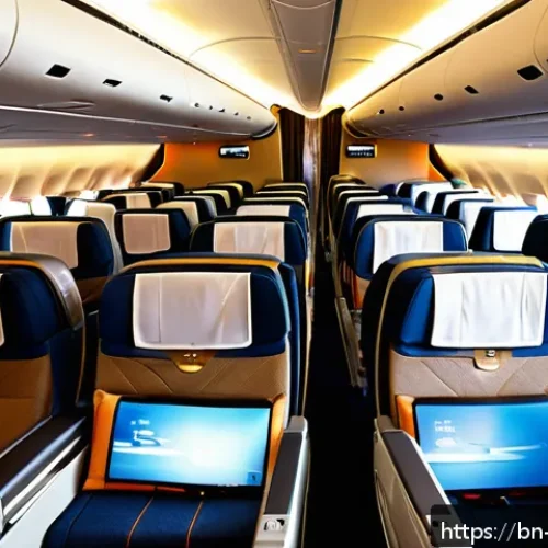 싱가포르 항공권 할인 정보 - A modern and luxurious Singapore Airlines airplane cabin interior, showcasing spacious economy class...