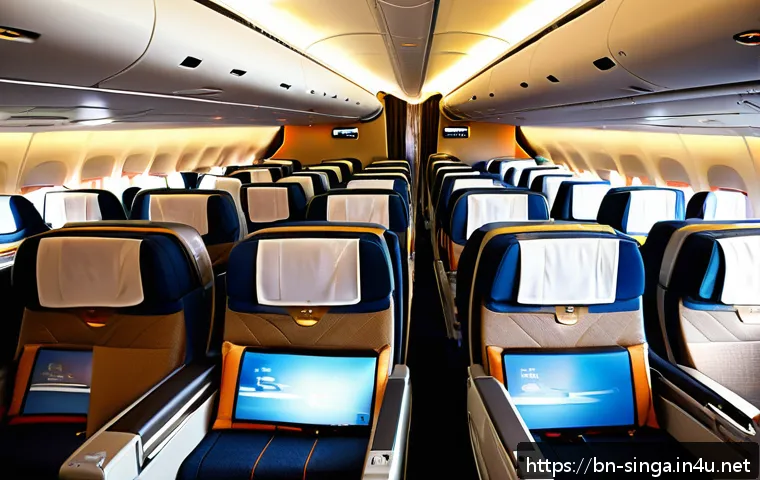싱가포르 항공권 할인 정보 - A modern and luxurious Singapore Airlines airplane cabin interior, showcasing spacious economy class...