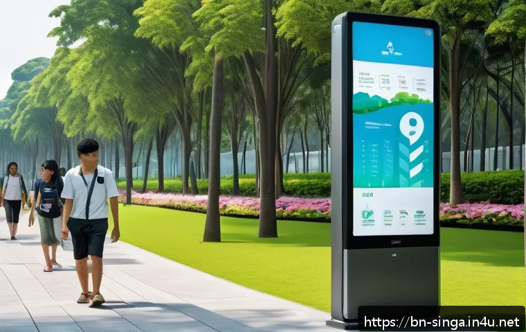 싱가포르의 미세먼지 대책 - A futuristic urban park in Singapore featuring advanced air purification technology: sleek smart sen...
