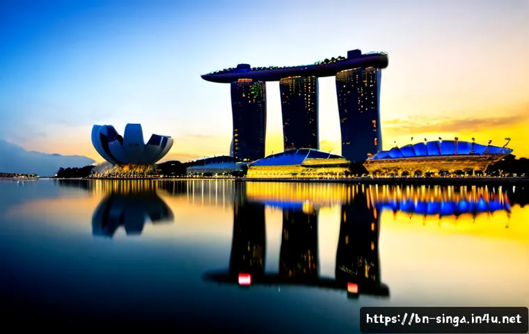 싱가포르의 야경 명소 - Photorealistic panoramic night view of Singapore Marina Bay, illuminated futuristic skyline reflecte...