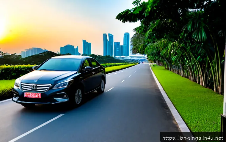 싱가포르에서 우버 이용하기 - Photorealistic travel scene in Singapore, a Bengali tourist using a smartphone to arrange a ride bes...