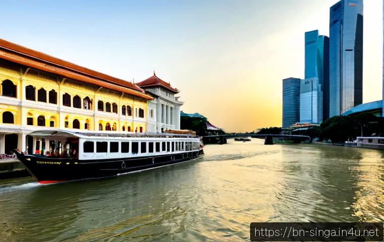 싱가포르 리버 크루즈 - Photorealistic Singapore River cruise at golden hour, a sleek sightseeing boat gliding along calm wa...