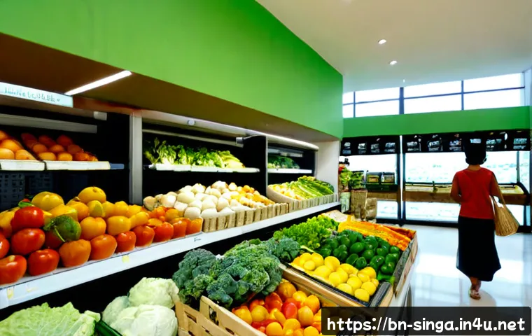 싱가포르 유기농 매장 - Photorealistic interior of a modern Singapore organic grocery store, bright fresh produce displays w...
